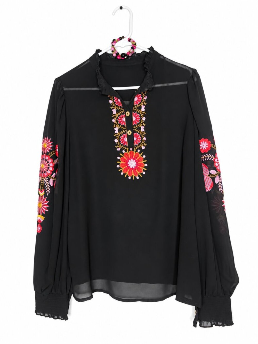 Anewsta Women’s XL Black Sheer Floral Embroidered Long Sleeve Boho Blouse US